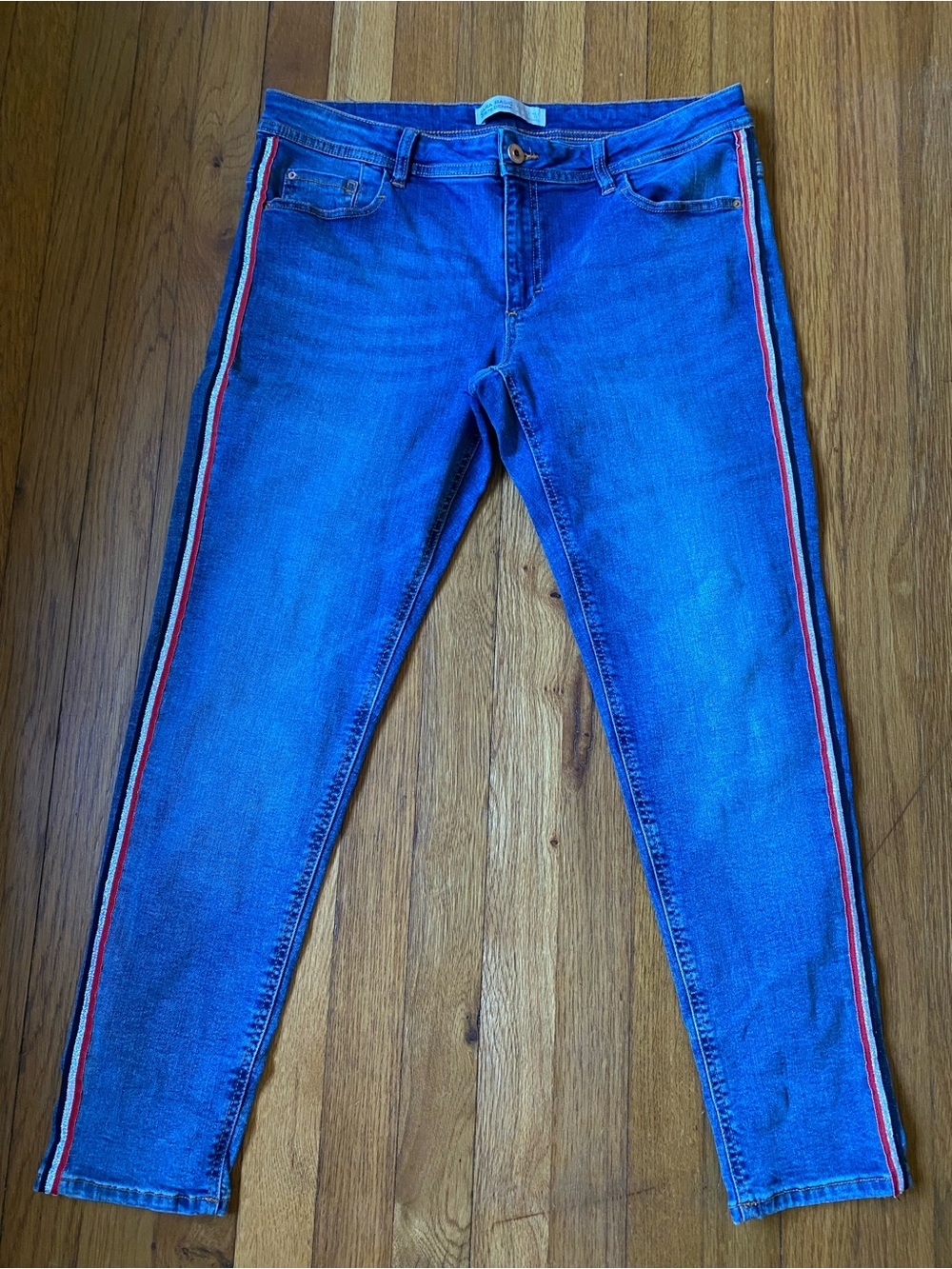 Zara Z1975 Blue Denim Jeans Red White Side Stripe Size 10, good condition